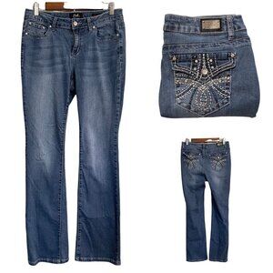 Earl Women's Embellished Embroidered Button Flap Pockets Slim Boot Jeans Size 10